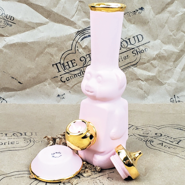 HONEY BEAR BUBBLER BONG WITH BOWL IN MATTE LAVENDER AND GOLD WITH THE 9TH CLOUD CANNABIS ACCESSORIES SHOP LOGO BACKGROUND