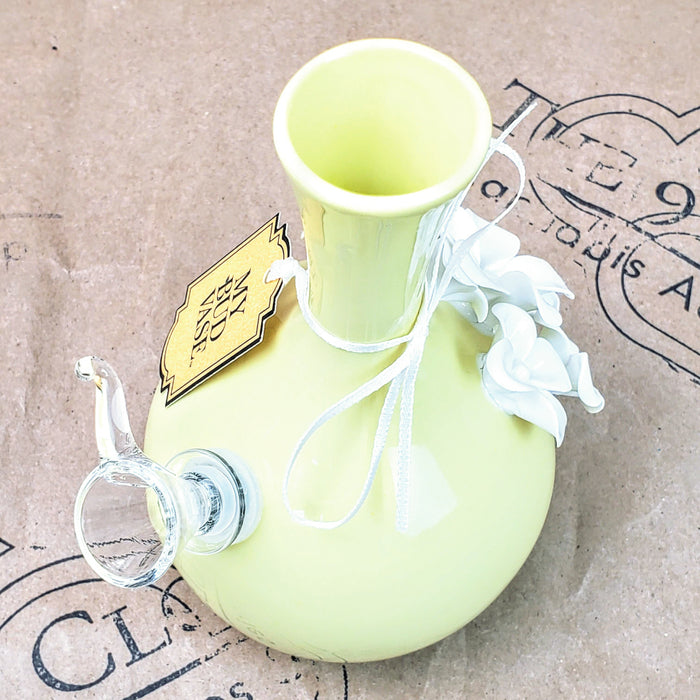 YELLOW CERAMC PHOEBE WATERPIPE BY MY BUD VASE ON THE 9TH CLOUD CANNABIS ACCESSORIES SHOP LOGO BACKGROUND