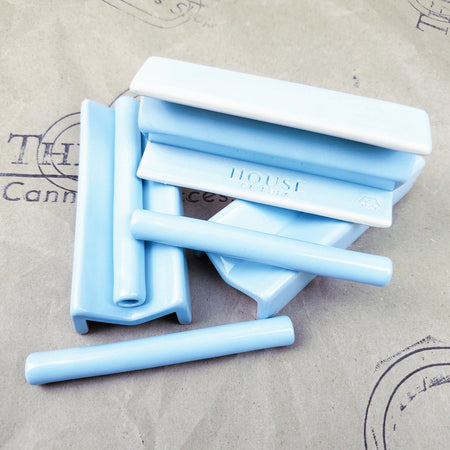LIGHT BLUE PIPE SET WITH MATCHING TRAY BY HOUSE OF PUFF NYC ON THE 9TH CLOUD CANNABIS ACCESSORIES LOGO BACKGROUND