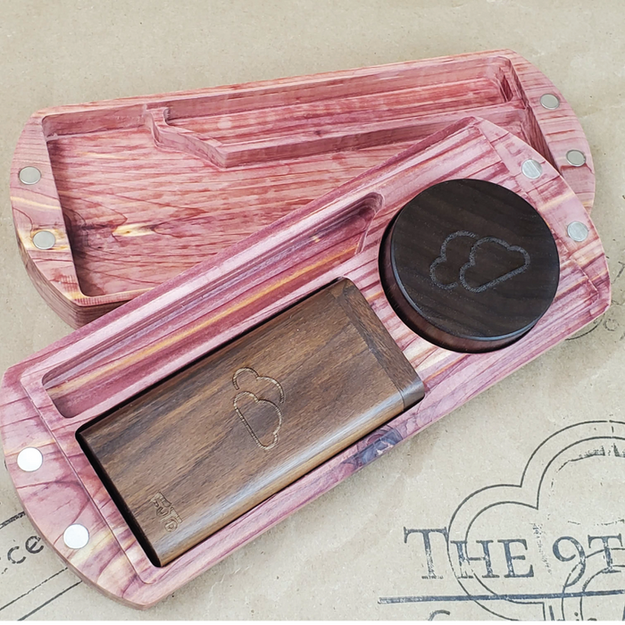 CEDAR WOOD ROLLING TRAY AN CASE WITH CLOUD LOGO ON THE 9TH CLOUD CANNABIS ACCESSORIES SHOP LOGO BACKGROUND