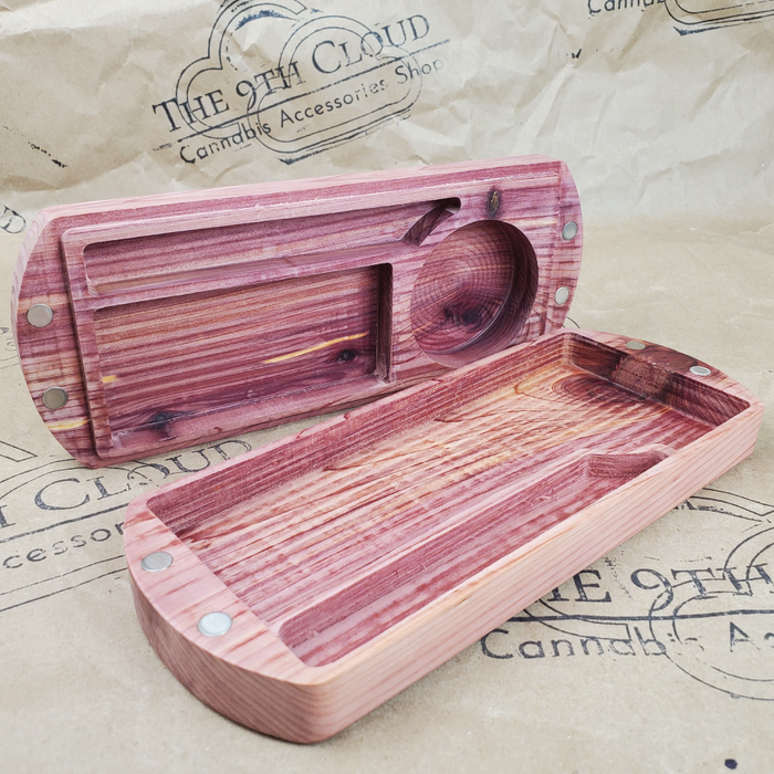 CEDAR WOOD ROLLING TRAY AN CASE WITH CLOUD LOGO ON THE 9TH CLOUD CANNABIS ACCESSORIES SHOP LOGO BACKGROUND